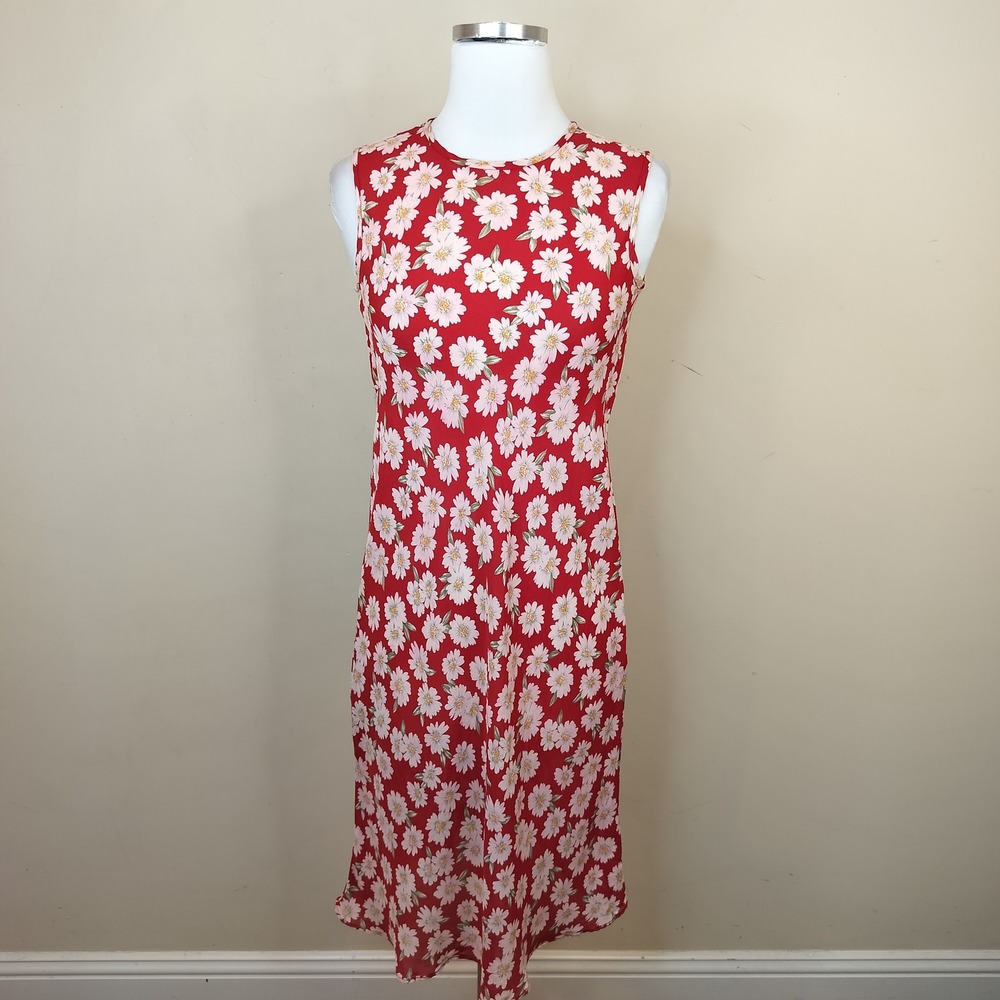 Silk Red Floral Daisy Midi Dress 6 Vintage Made in USA Sleeveless